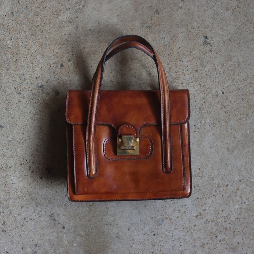 Vintage Cognac Genuine Leather Hand Bag Brass Turn Lock Satchel Quiet Luxury